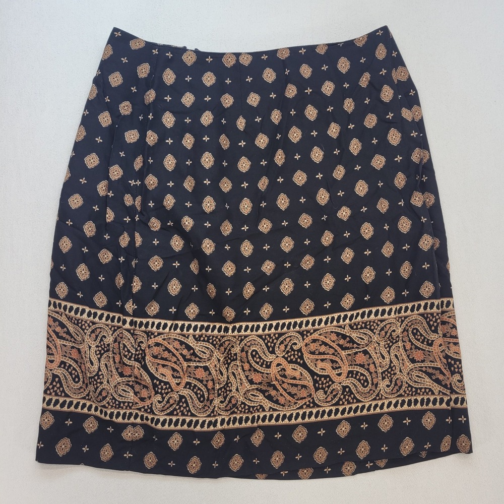 Kathie Lee Vintage Midi Skirt Womens 10 Black Brownβ Paisley Rayon Made in USA